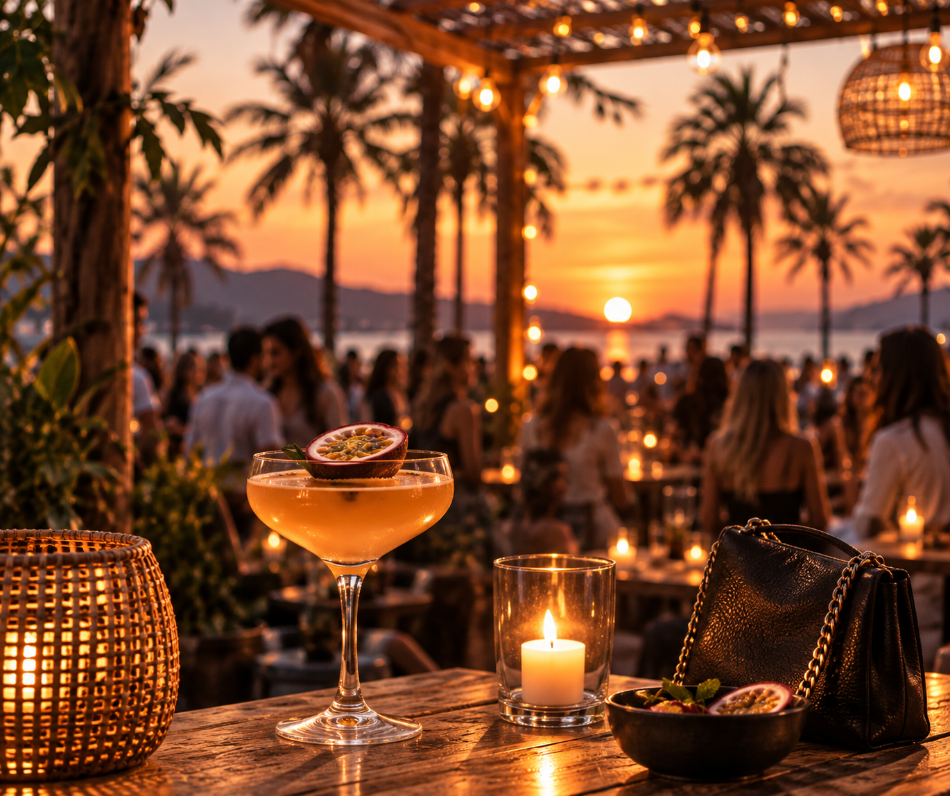 Cocktail en avondpubliek tijdens zonsondergang