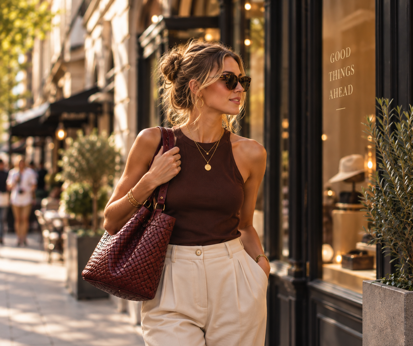 Vrouw in een eigentijdse outfit met sieraden en tas