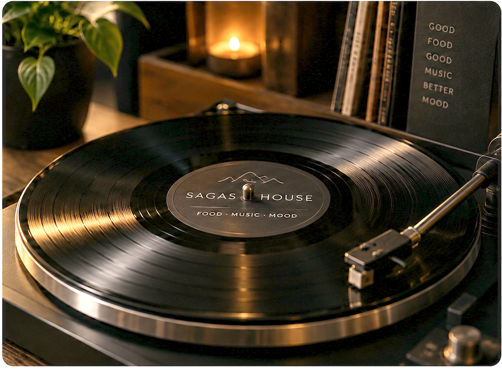 Draaiende vinylplaat met Sagas House-label